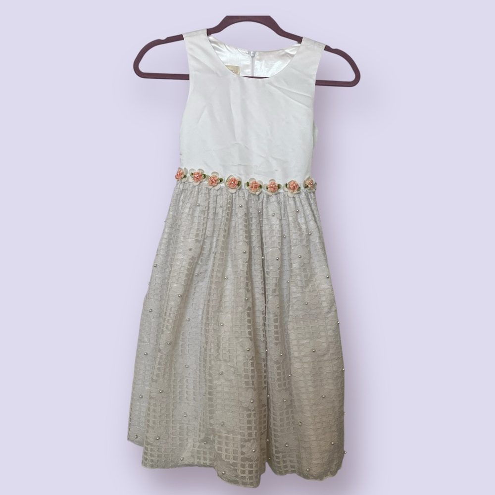 White Lace Pearls Flower Dress (size 10) | American Princess